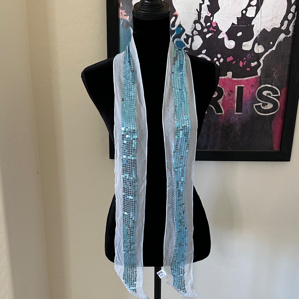 Beautiful Vintage Light Blue 100% Silk Sequin Scarf